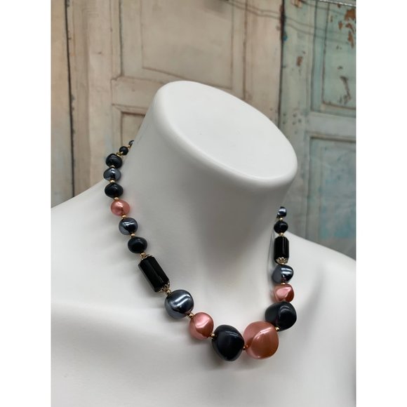 Japan Chunky Beads Necklace 18" Length Pink/Peach, Gray/Blue, Gold Tone Gold - Picture 2 of 5